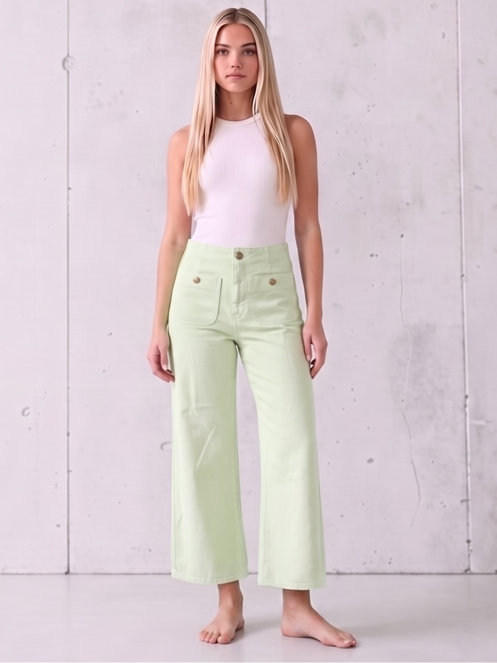Zara Pale Green Wide Leg Denim Cropped Ankle Pants Women's Sz 4 Cotton Blend